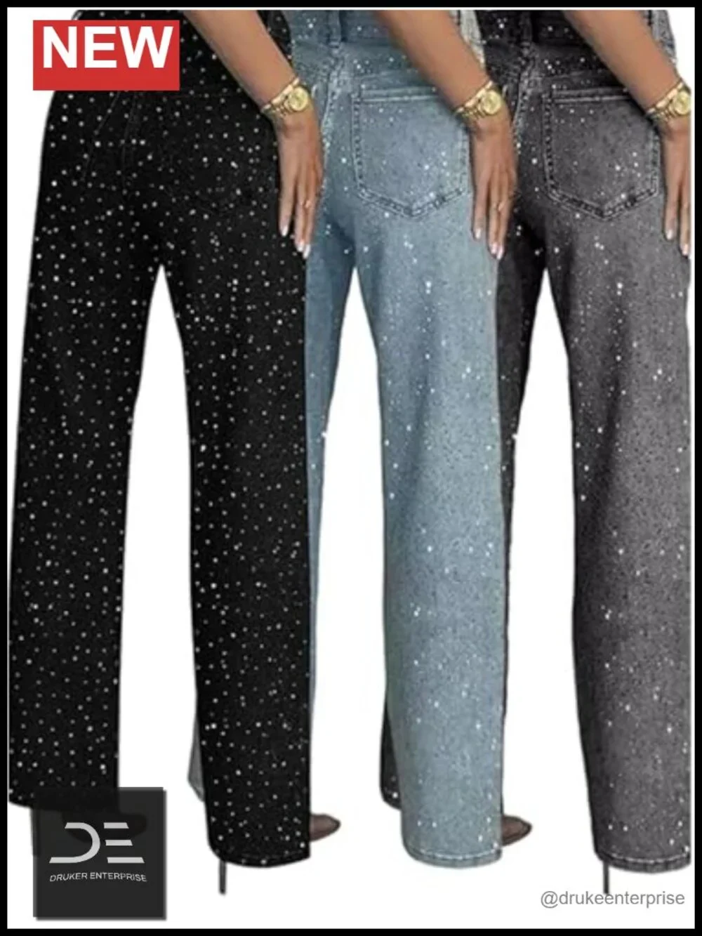 Women's High Waisted Rhinestone Straight Leg Jeans Sparkly Bling Pants